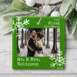 Green First Christmas Mr. & Mrs. Custom Photo Ceramic Ornament<br><div class="desc">Customise this ornament with your wedding photo and add your last name along with the year for this great Christmas keepsake.</div>