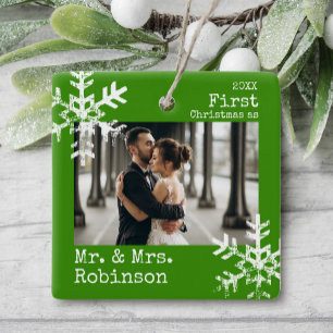 Green First Christmas Mr. & Mrs. Custom Photo Ceramic Ornament