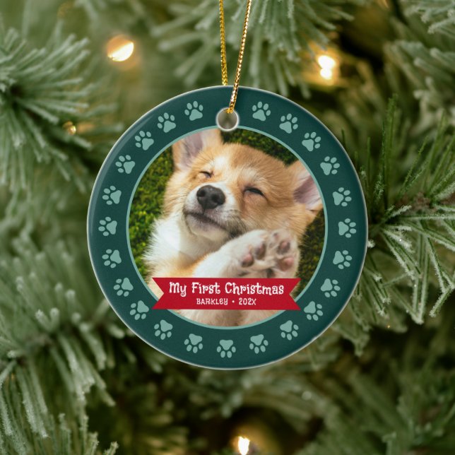 Green First Christmas Pet Puppy Photo Paws Custom Ceramic Tree Decoration (Tree)