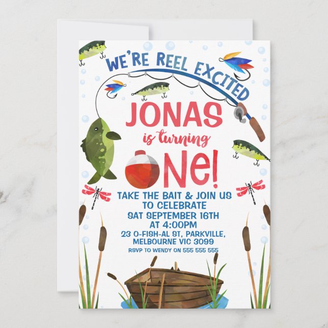 Green Fish Reel Excited Fishing 1st Birthday Invitation (Front)