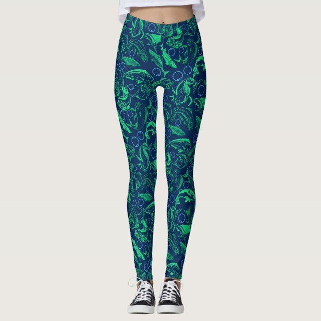Green Fishes Pattern 10.w D Blue BG Leggings (Front)
