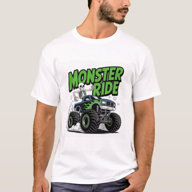 Green Flame Monster Truck with Funny Skeleton Ride T-Shirt (Front)