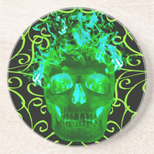 Green Flaming Skull Coaster