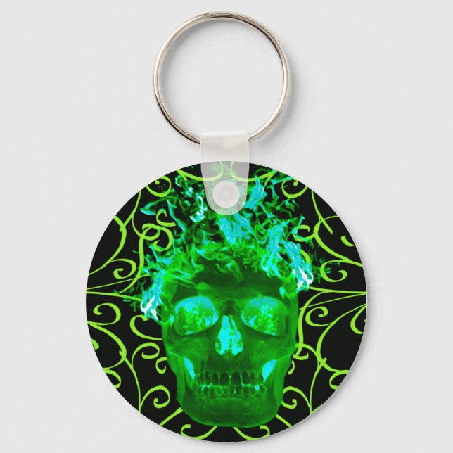 Green Flaming Skull Key Chain (Front)