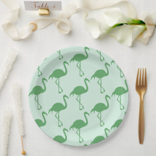 Green Flamingos Paper Plate