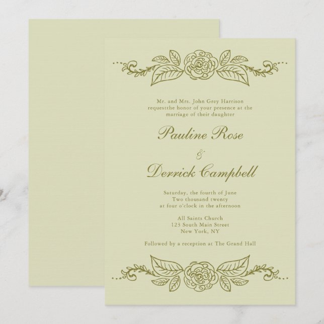 Green Fleurons Wedding Invitation (Front/Back)