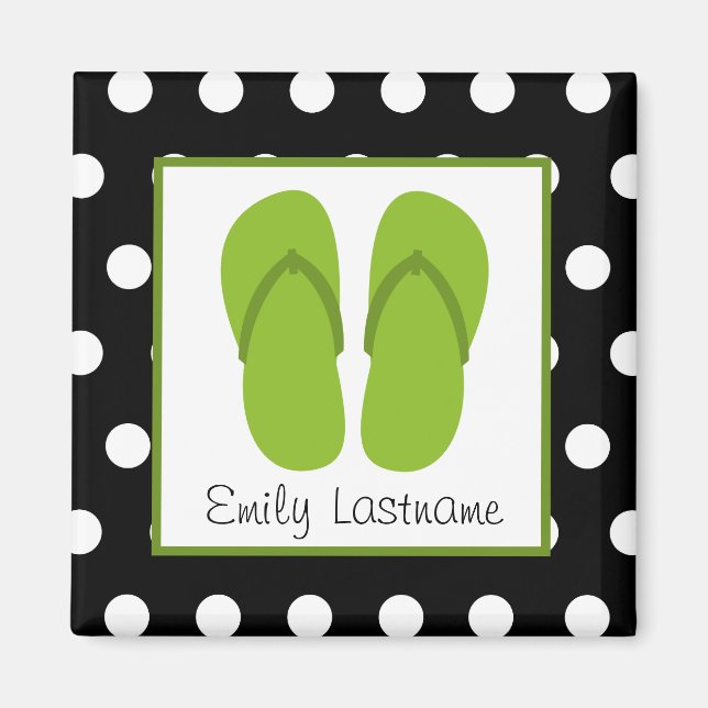 Green Flip Flops / Black With White Polka Dots Magnet (Front)