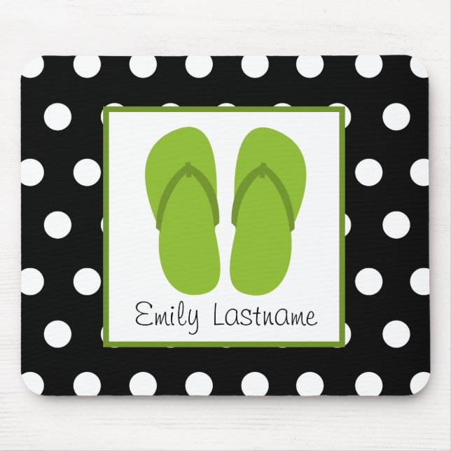 Green Flip Flops / Black With White Polka Dots Mouse Mat (Front)