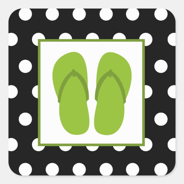 Green Flip Flops / Black With White Polka Dots Square Sticker (Front)