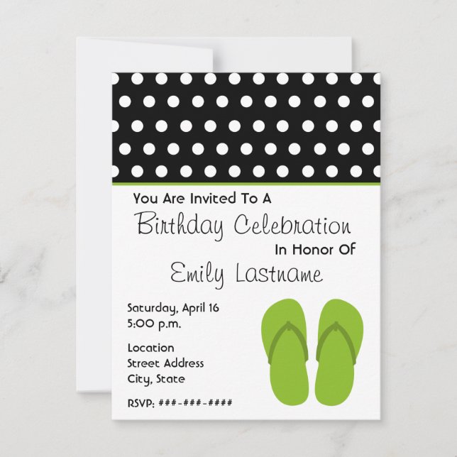 Green Flip Flops / Polka Dots Birthday Party Invitation (Front)