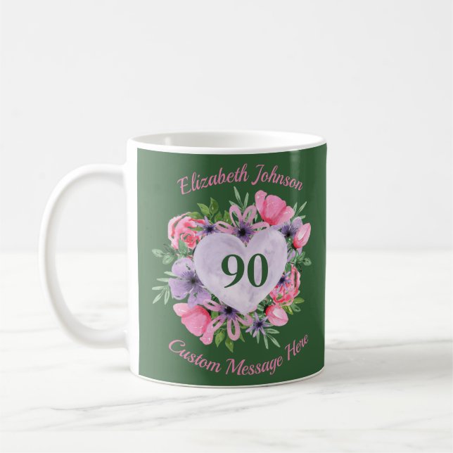 Green Floral 90th Birthday Mug for Women (Left)