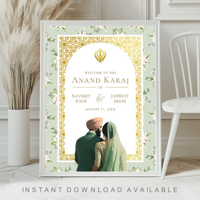 Green Floral Anand Karaj Sikh Wedding Welcome Sign (Creator Uploaded)