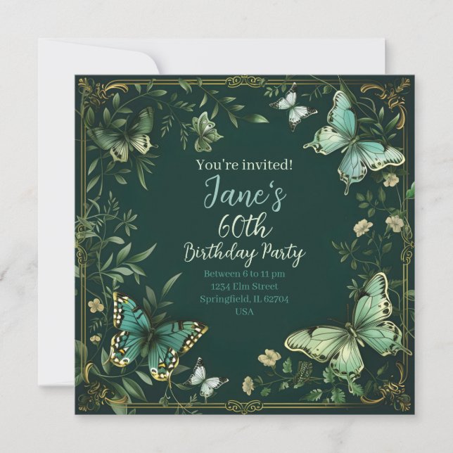Green floral and butterfly garden design invitation (Front)