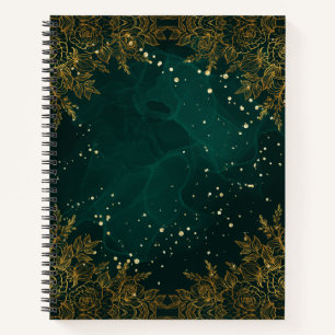 Green Floral and Gold Spiral Notebook