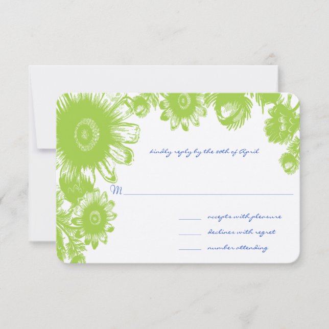 Green Floral and Lapis Blue Wedding RSVP Card (Front)