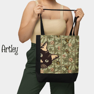 Green Floral Art Nouveau Funny Peeking Cat Birds Tote Bag