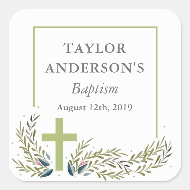 Green Floral Baptism Sticker Tags (Front)