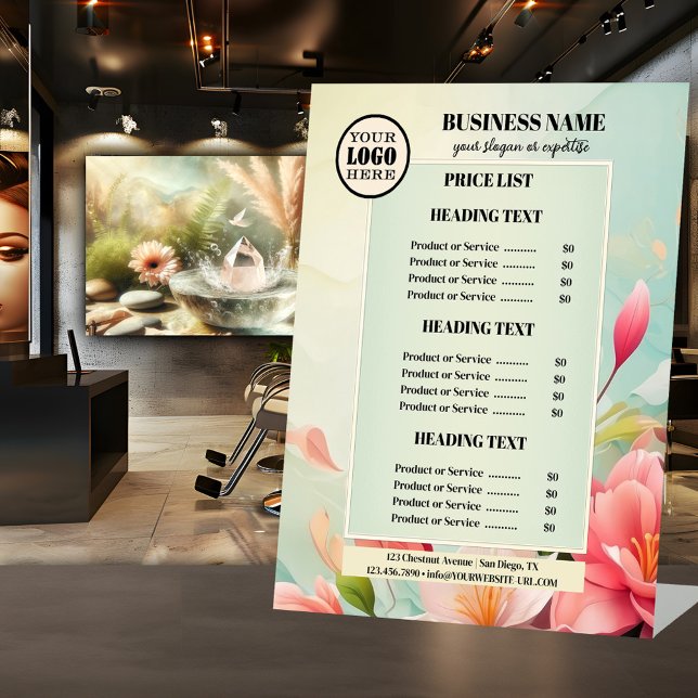 Green Floral Beauty Business Logo Price List Pedestal Sign (Beauty business tabletop sign price list featuring an elegant design with pink watercolor flowers )