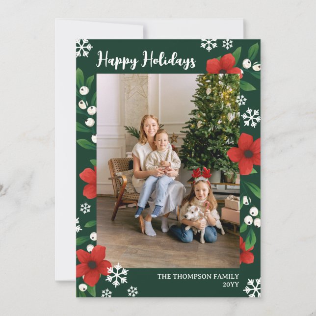 Green Floral Berry Snowflakes Happy Holidays Photo Holiday Card (Front)
