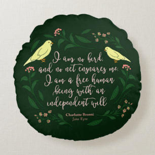 Green Floral Bird Charlotte Bronte Jane Eyre Quote Round Cushion