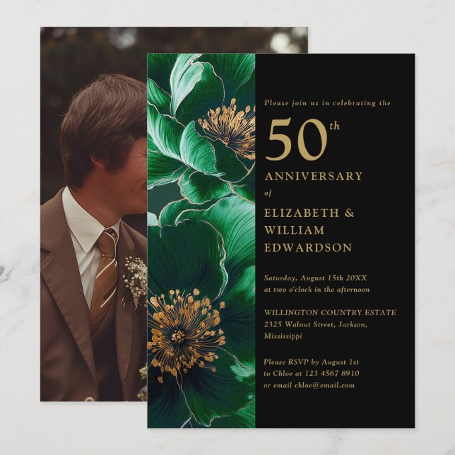Green Floral Black And Gold 50th Anniversary Photo Invitation (Front/Back)