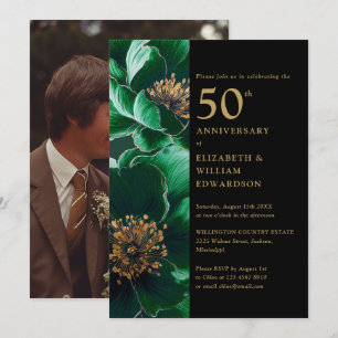 Green Floral Black And Gold 50th Anniversary Photo Invitation