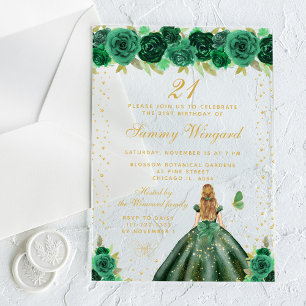 Green Floral Blonde Hair Princess Birthday Party Acrylic Invitations