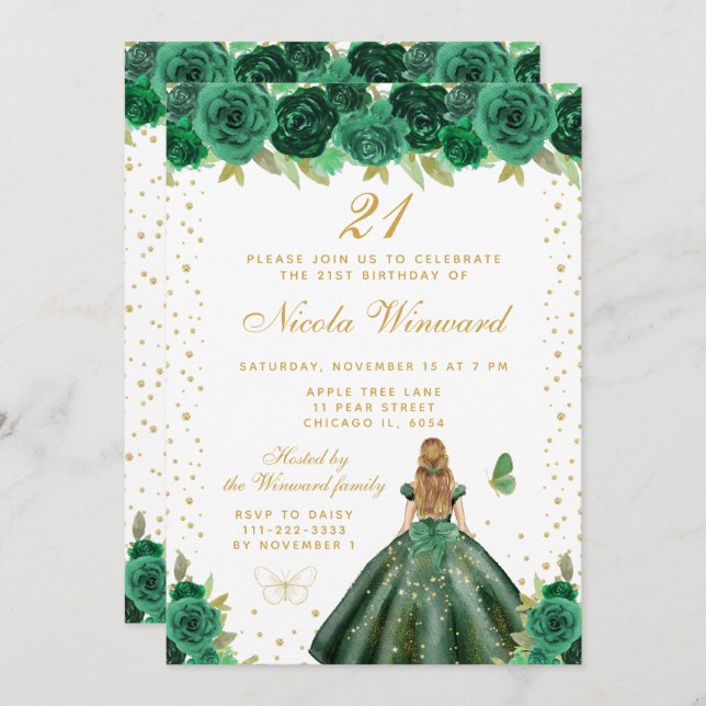 Green Floral Blonde Hair Princess Birthday Party Invitation (Front/Back)