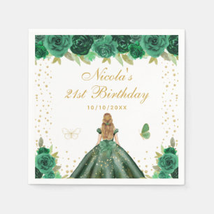 Green Floral Blonde Hair Princess Birthday Party Napkin