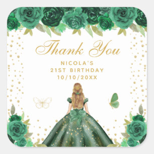Green Floral Blonde Hair Princess Birthday Party Square Sticker