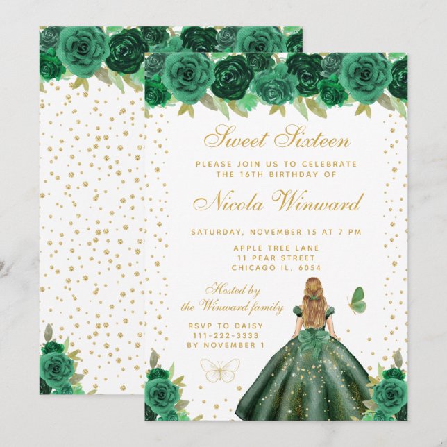 Green Floral Blonde Hair Princess Sweet Sixteen Invitation (Front/Back)