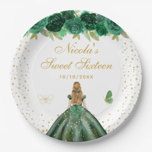Green Floral Blonde Hair Princess Sweet Sixteen Paper Plate