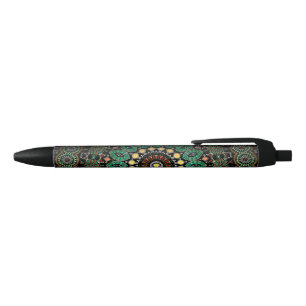Green Floral Boho Ornate Mandala Black Ink Pen