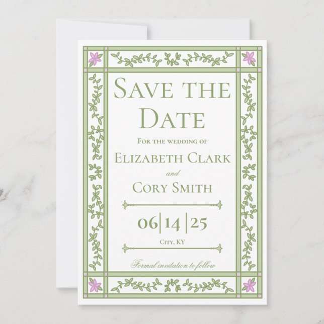 Green Floral Botanical Garden Wedding Save The Date (Front)