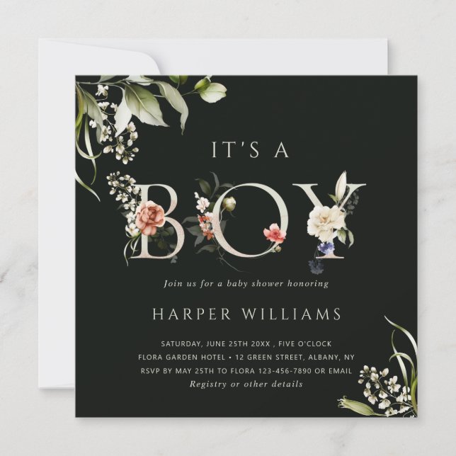 Green Floral Botanical Letter Boy Baby Shower  Invitation (Front)