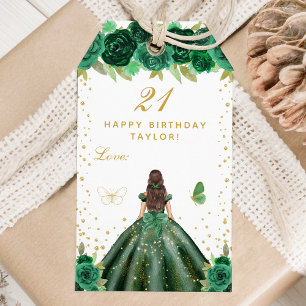 Green Floral Brunette Hair Girl Happy Birthday Gift Tags