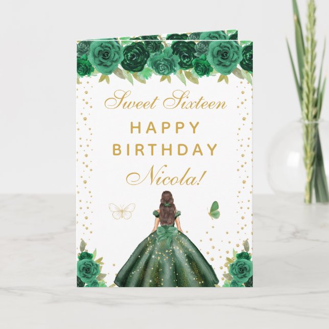 Green Floral Brunette Hair Girl Sweet Sixteen Card (Front)