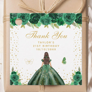 Green Floral Brunette Hair Princess Birthday Party Favour Tags