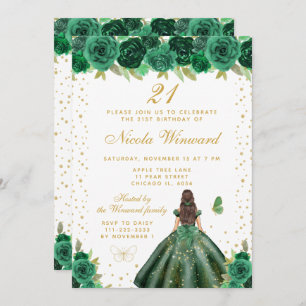 Green Floral Brunette Hair Princess Birthday Party Invitation