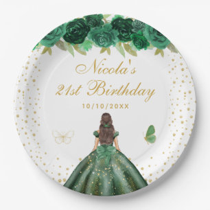 Green Floral Brunette Hair Princess Birthday Party Paper Plate