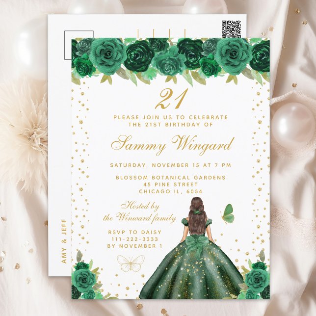 Green Floral Brunette Hair Princess Birthday Party Postcard (Creator Uploaded)