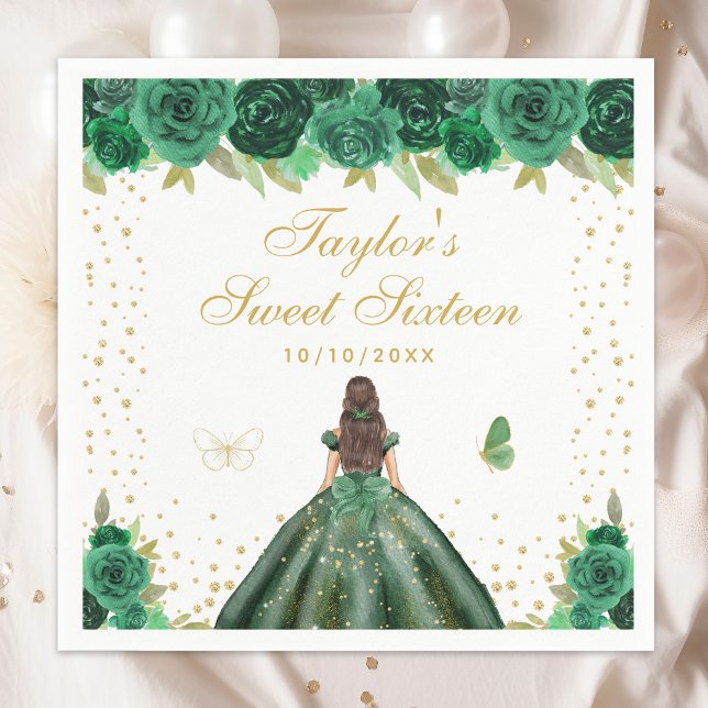 Green Floral Brunette Hair Princess Sweet Sixteen Napkin (Creator Uploaded)