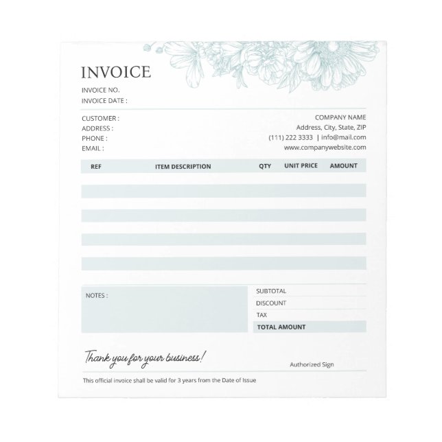Green Floral Business Invoice Sales Template Notepad (Front)