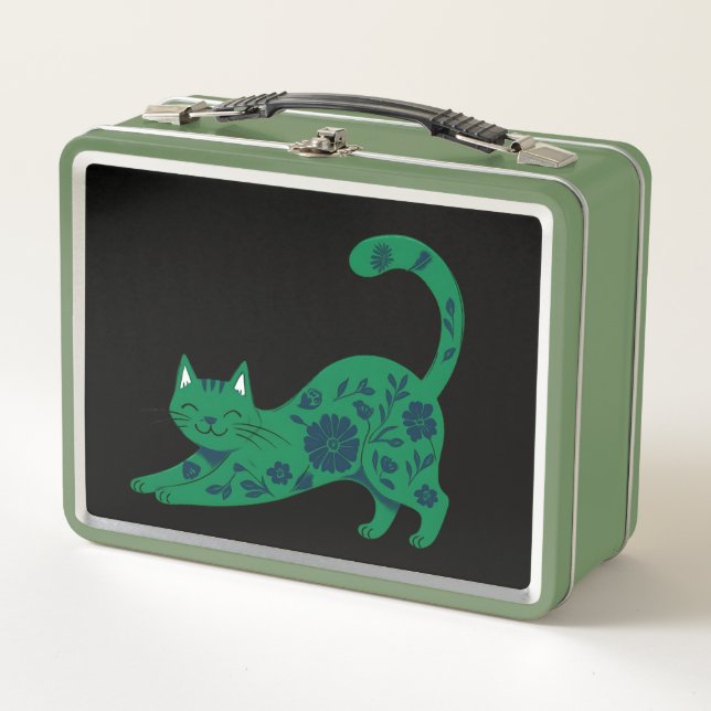 Green Floral cat lunch box (Front)