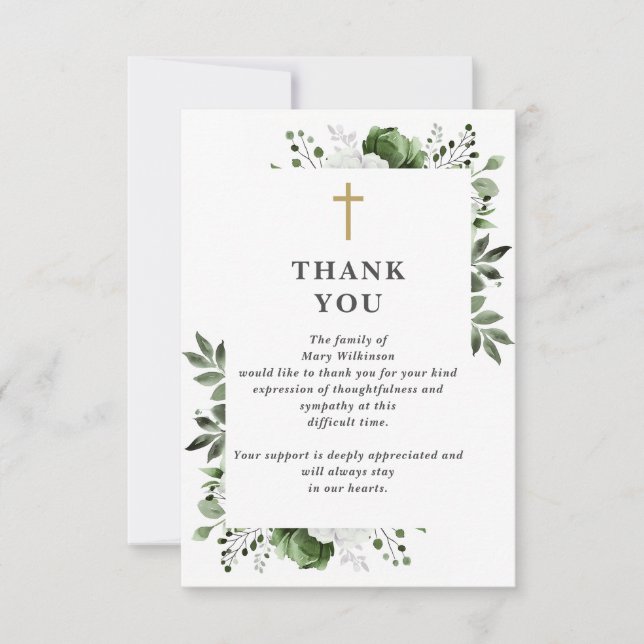 Green Floral Christian Celebration Of Life Funeral Thank You Card (Front)
