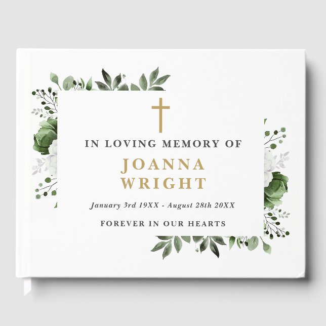 Green Floral Christian In Loving Memory Funeral Guest Book (Front)
