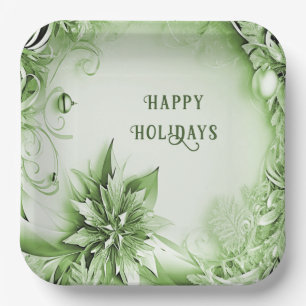 Green Floral Christmas Holiday Paper Plate