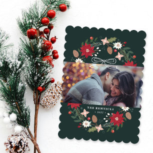 Green Floral Christmas Wreath Holiday Photo Card