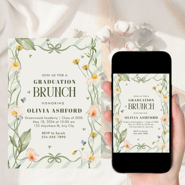 Green Floral Coquette Elegant Brunch graduation Invitation (Creator Uploaded)