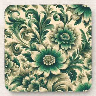 Green Floral Cork Back Coasters Set of 6
